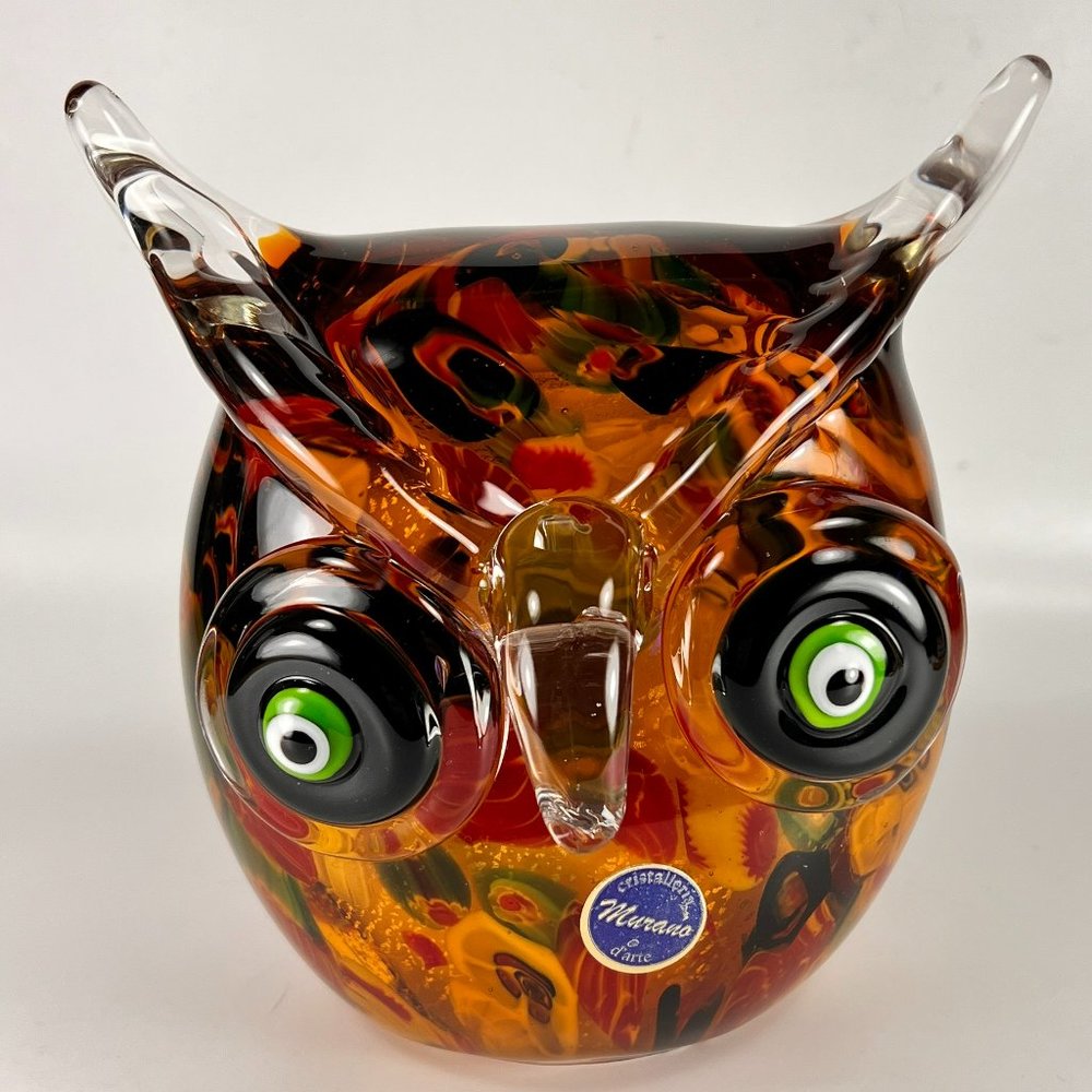 Horned Owl Figurine Cristalleria D'arte Millefiori Layered Art Glass Collectible